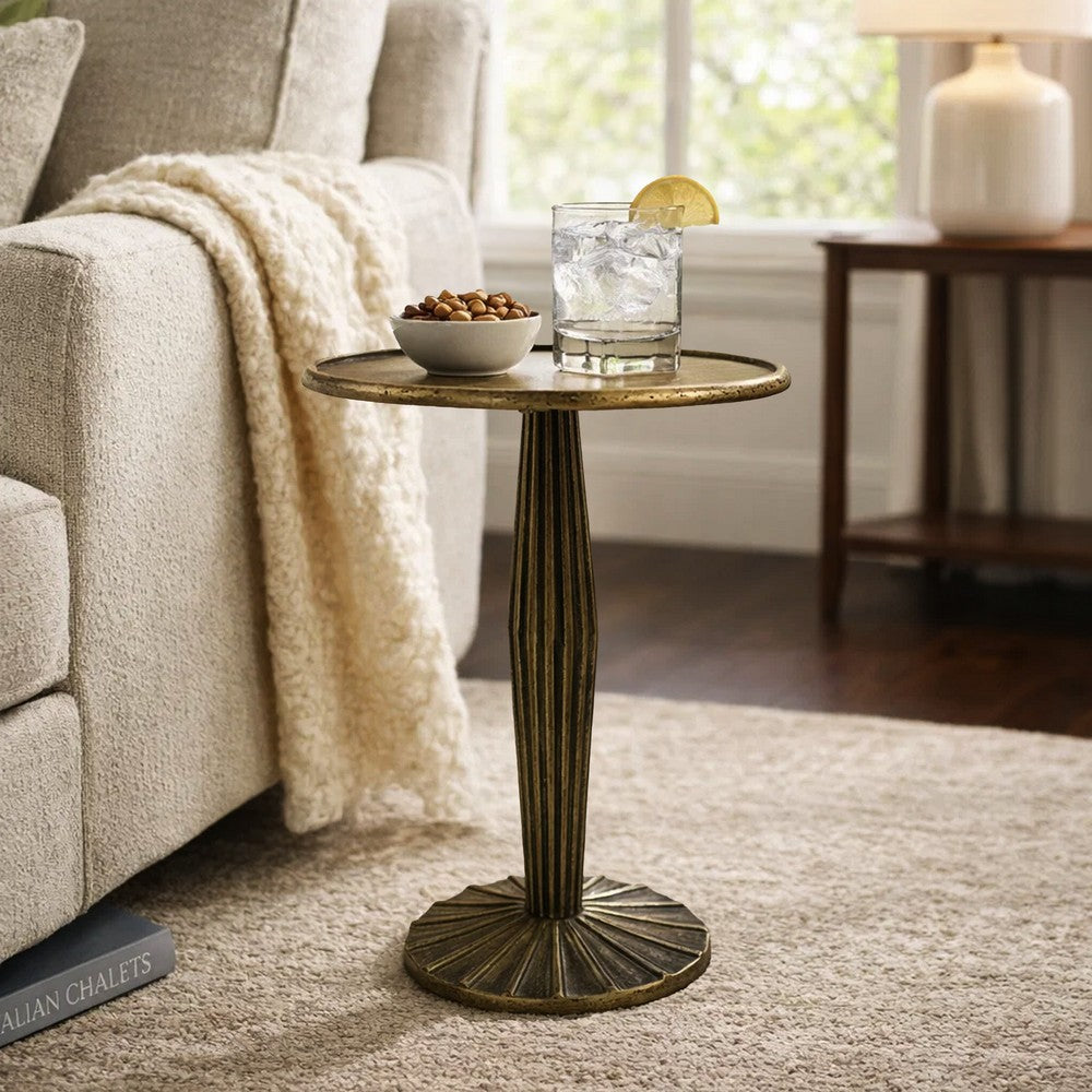 17 Inch Side End Drink Table, Fancy Fluted Base, Round Top, Antique Brass - UPT-298837