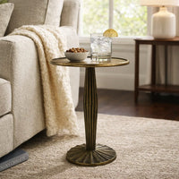 17 Inch Side End Drink Table, Fancy Fluted Base, Round Top, Antique Brass - UPT-298837