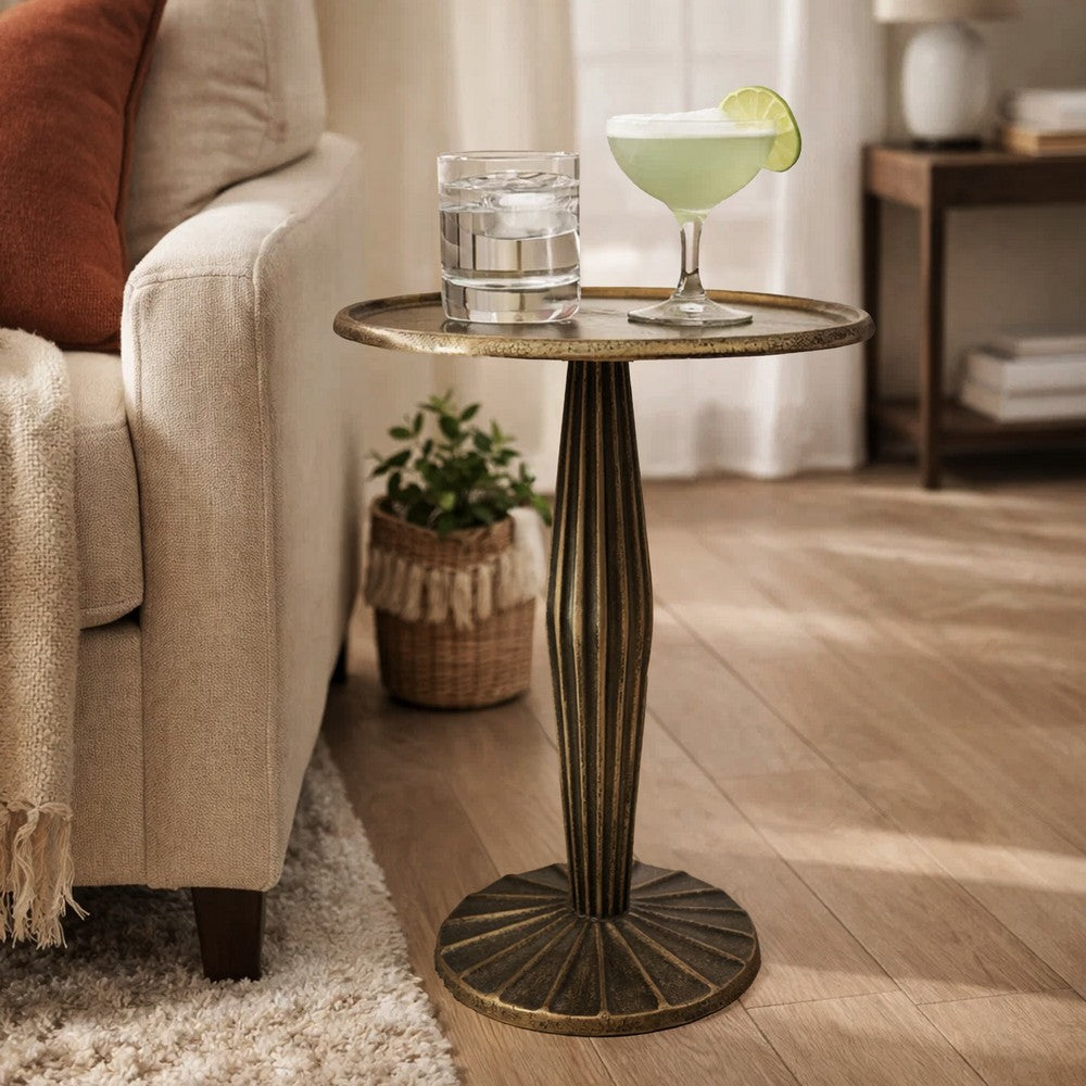 17 Inch Side End Drink Table, Fancy Fluted Base, Round Top, Antique Brass - UPT-298837