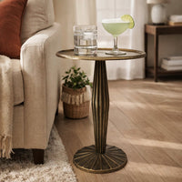 17 Inch Side End Drink Table, Fancy Fluted Base, Round Top, Antique Brass - UPT-298837
