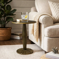 17 Inch Side End Drink Table, Fancy Fluted Base, Round Top, Antique Brass - UPT-298837