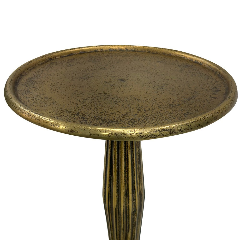 17 Inch Side End Drink Table, Fancy Fluted Base, Round Top, Antique Brass - UPT-298837