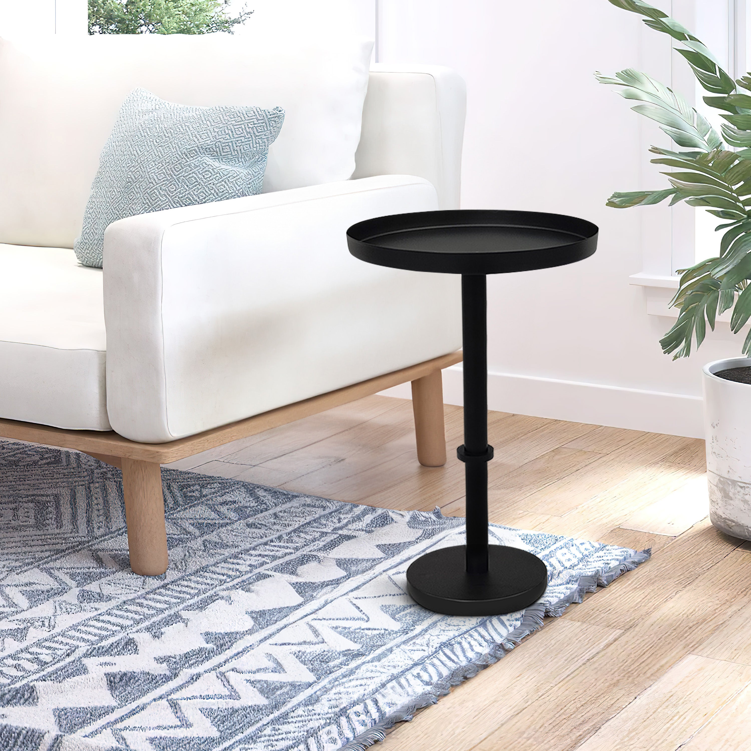 Ara 12 Inch Side End Table Vintage Sleek Pillar Base Round Tray Top Matte Black UPT 298840