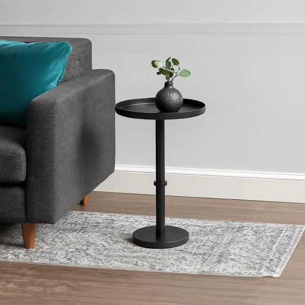Ara 22 Inch Side End Table, Vintage Sleek Pillar Base, Round Tray Top, Matte Black - UPT-298840