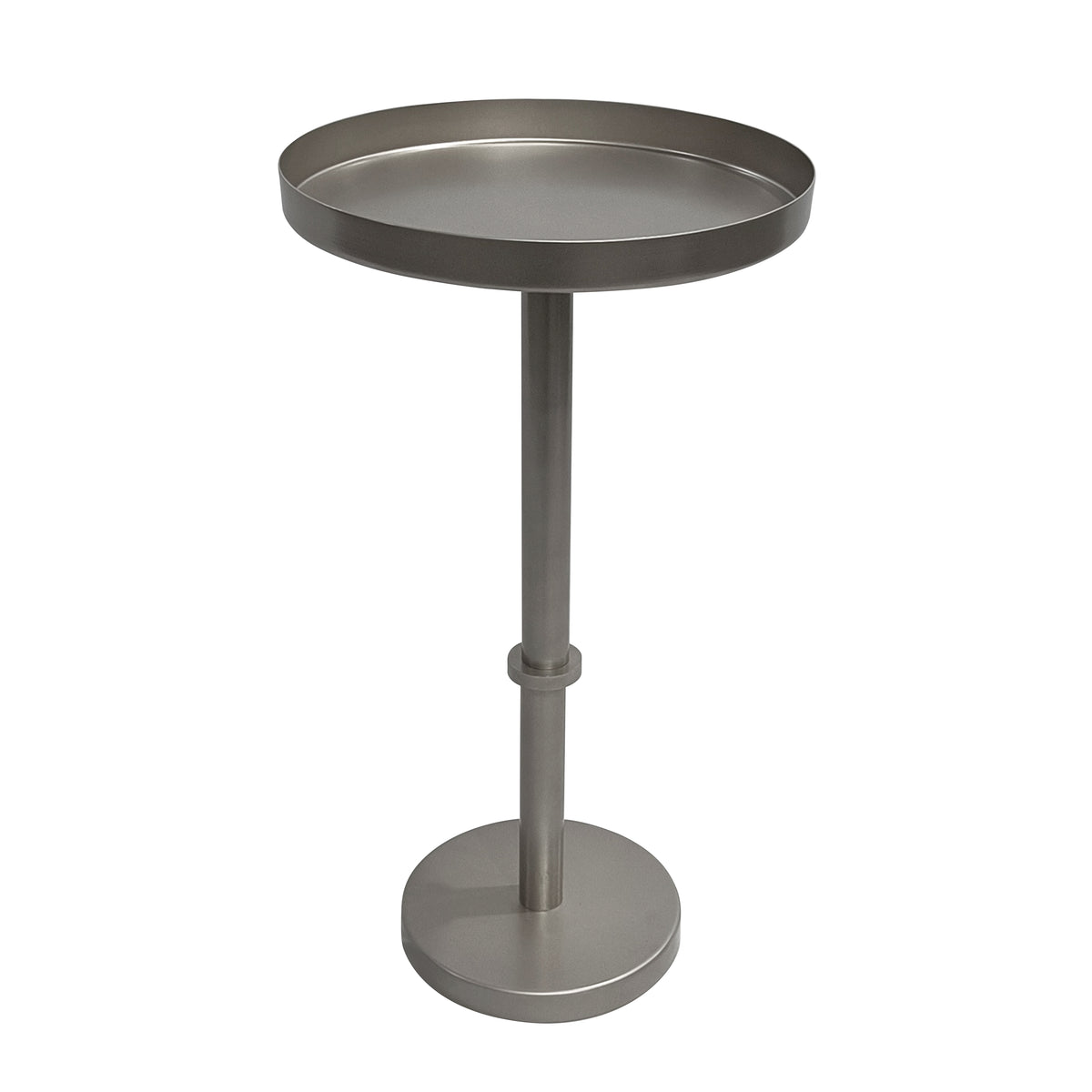 Ara 12 Inch Side End Table, Vintage Sleek Pillar Base, Round Tray Top, Matte Nickel Finish - UPT-298841