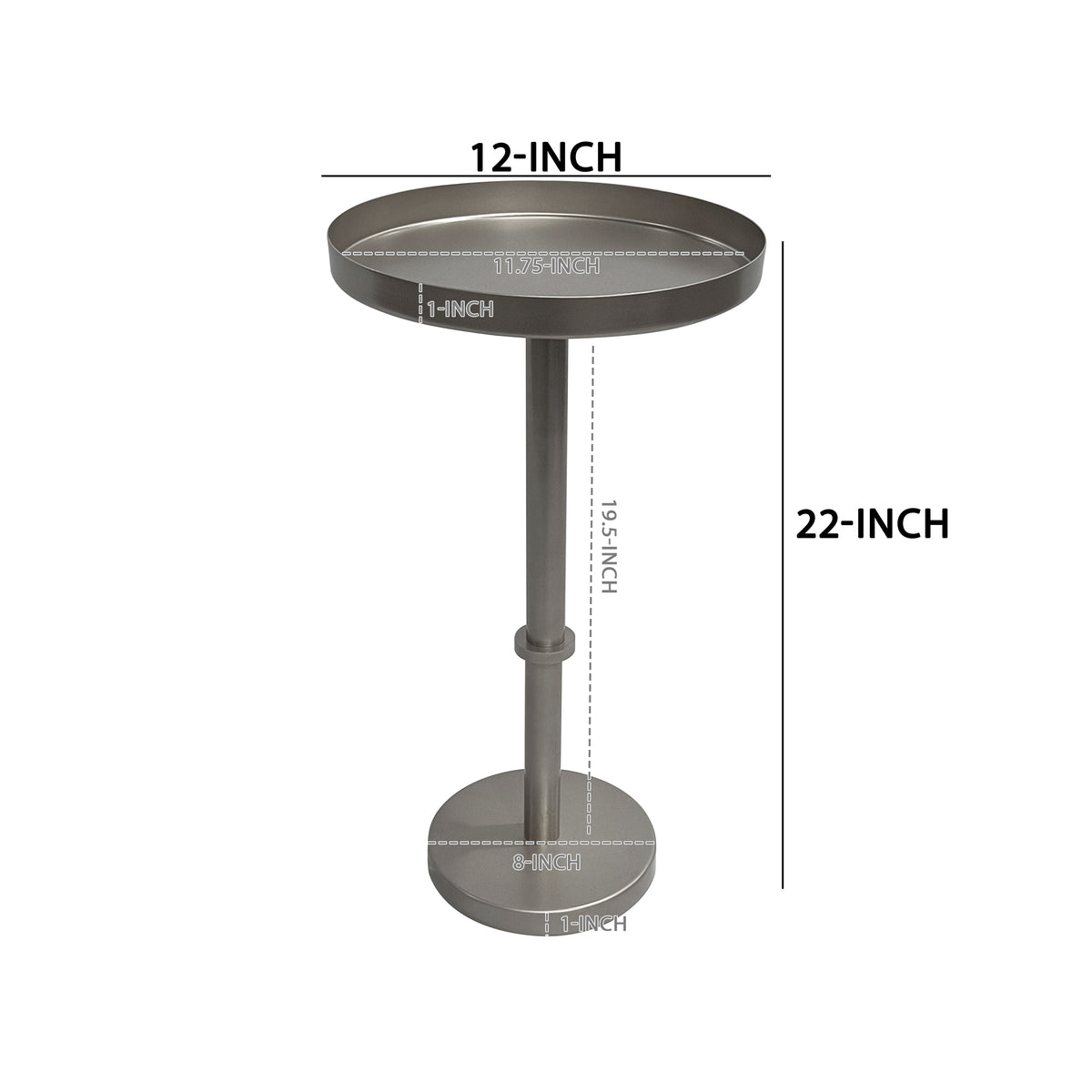 Ara 12 Inch Side End Table, Vintage Sleek Pillar Base, Round Tray Top, Matte Nickel Finish - UPT-298841