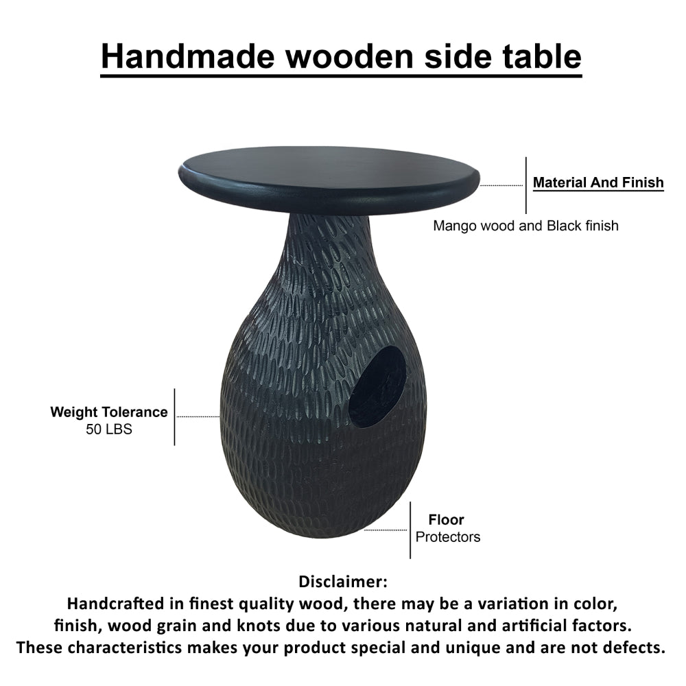 14 Inch Side End Table, Artisan Handcrafted Mango Wood, Embossed Teardrop Shaped Base, Black - UPT-299121