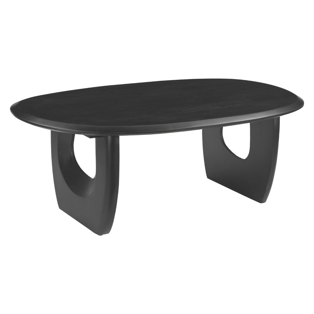 43 Inch Coffee Table, Handcrafted Acacia Wood, Cut Out Rounded Panel Legs, Black - UPT-299122