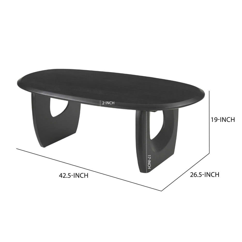 43 Inch Coffee Table, Handcrafted Acacia Wood, Cut Out Rounded Panel Legs, Black - UPT-299122