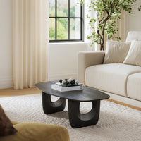 43 Inch Coffee Table, Handcrafted Acacia Wood, Cut Out Rounded Panel Legs, Black - UPT-299122