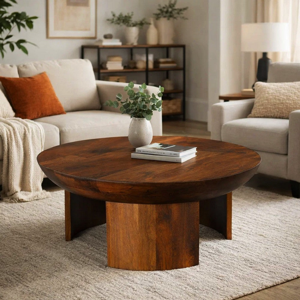 35 Inch Coffee Table, Handcrafted Round Mango Wood Top, Modern Curved Tripod Legs, Walnut Brown - UPT-299123