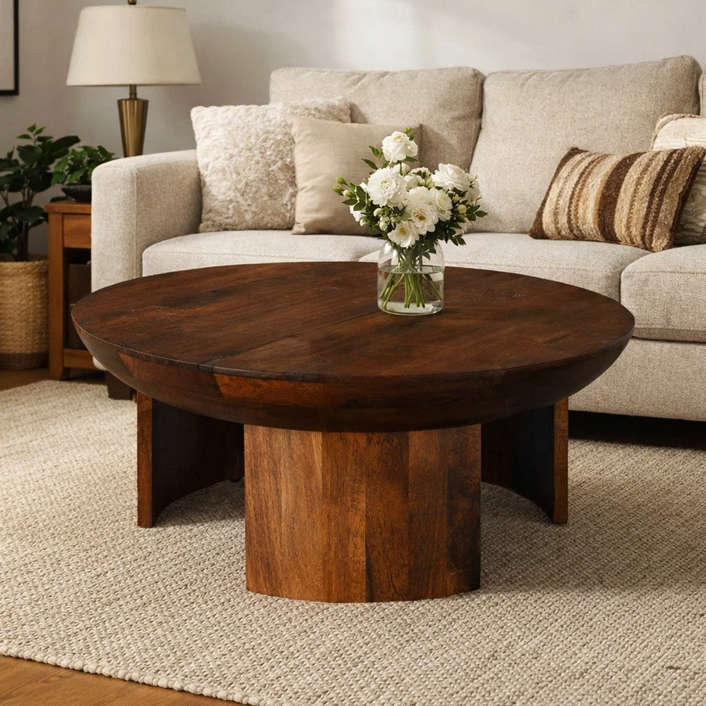35 Inch Coffee Table, Handcrafted Round Mango Wood Top, Modern Curved Tripod Legs, Walnut Brown - UPT-299123