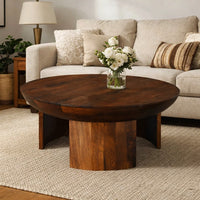 35 Inch Coffee Table, Handcrafted Round Mango Wood Top, Modern Curved Tripod Legs, Walnut Brown - UPT-299123