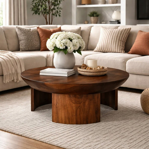 35 Inch Coffee Table, Handcrafted Round Mango Wood Top, Modern Curved Tripod Legs, Walnut Brown - UPT-299123