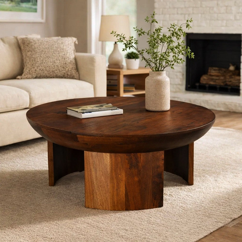 35 Inch Coffee Table, Handcrafted Round Mango Wood Top, Modern Curved Tripod Legs, Walnut Brown - UPT-299123