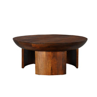 35 Inch Coffee Table, Handcrafted Round Mango Wood Top, Modern Curved Tripod Legs, Walnut Brown - UPT-299123