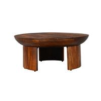35 Inch Coffee Table, Handcrafted Round Mango Wood Top, Modern Curved Tripod Legs, Walnut Brown - UPT-299123