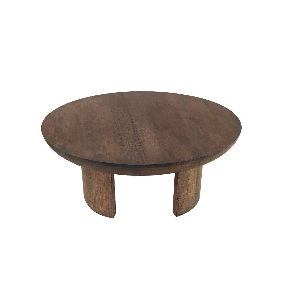 35 Inch Coffee Table, Handcrafted Round Mango Wood Top, Modern Curved Tripod Legs, Walnut Brown - UPT-299123