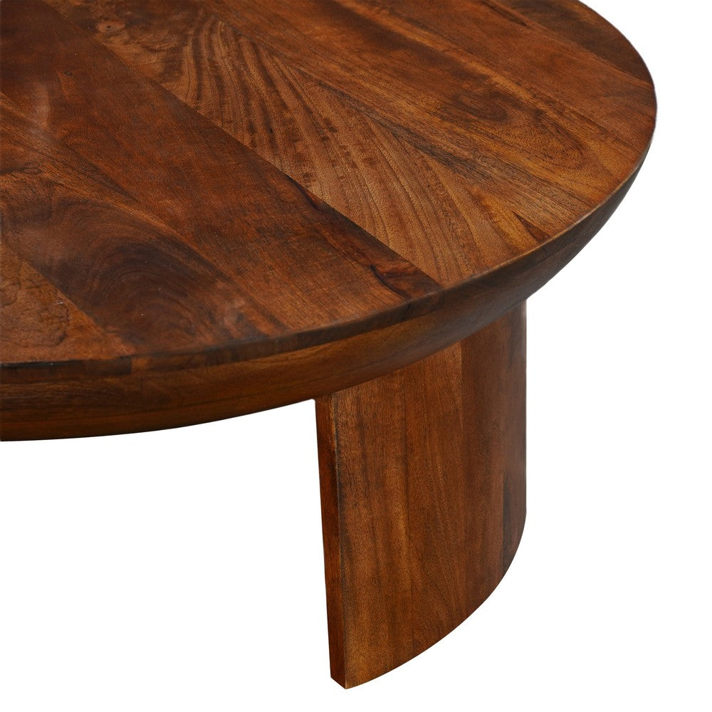 35 Inch Coffee Table, Handcrafted Round Mango Wood Top, Modern Curved Tripod Legs, Walnut Brown - UPT-299123