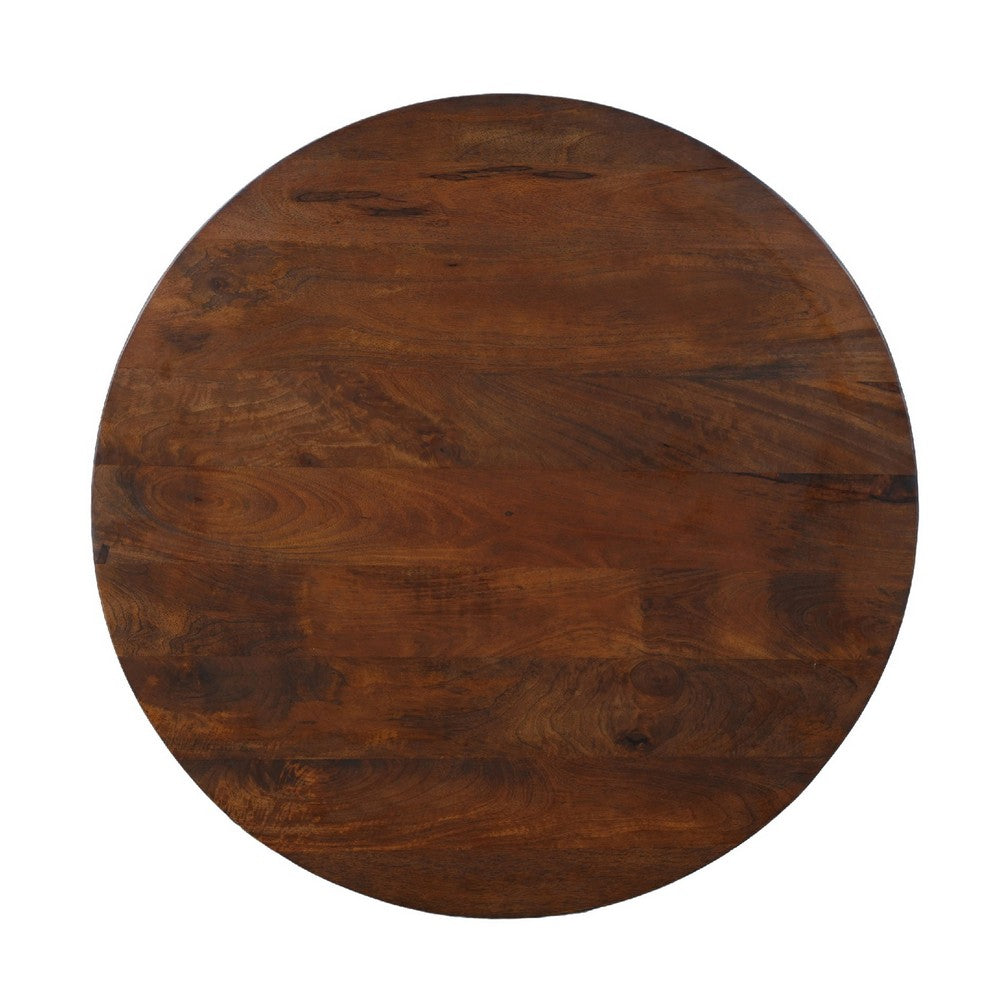 35 Inch Coffee Table, Handcrafted Round Mango Wood Top, Modern Curved Tripod Legs, Walnut Brown - UPT-299123