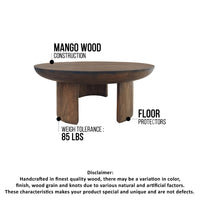 35 Inch Coffee Table, Handcrafted Round Mango Wood Top, Modern Curved Tripod Legs, Walnut Brown - UPT-299123