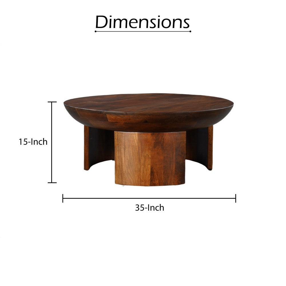 35 Inch Coffee Table, Handcrafted Round Mango Wood Top, Modern Curved Tripod Legs, Walnut Brown - UPT-299123
