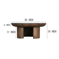 35 Inch Coffee Table, Handcrafted Round Mango Wood Top, Modern Curved Tripod Legs, Walnut Brown - UPT-299123