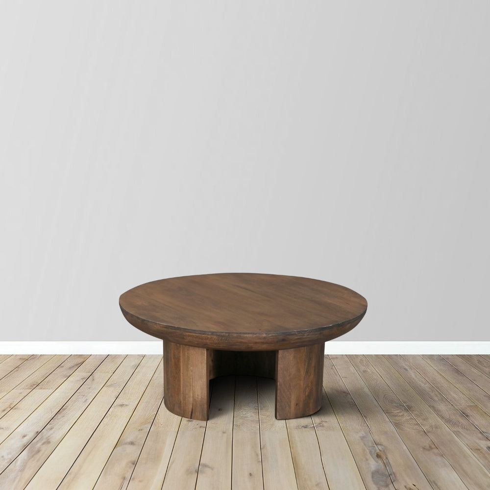 35 Inch Coffee Table, Handcrafted Round Mango Wood Top, Modern Curved Tripod Legs, Walnut Brown - UPT-299123