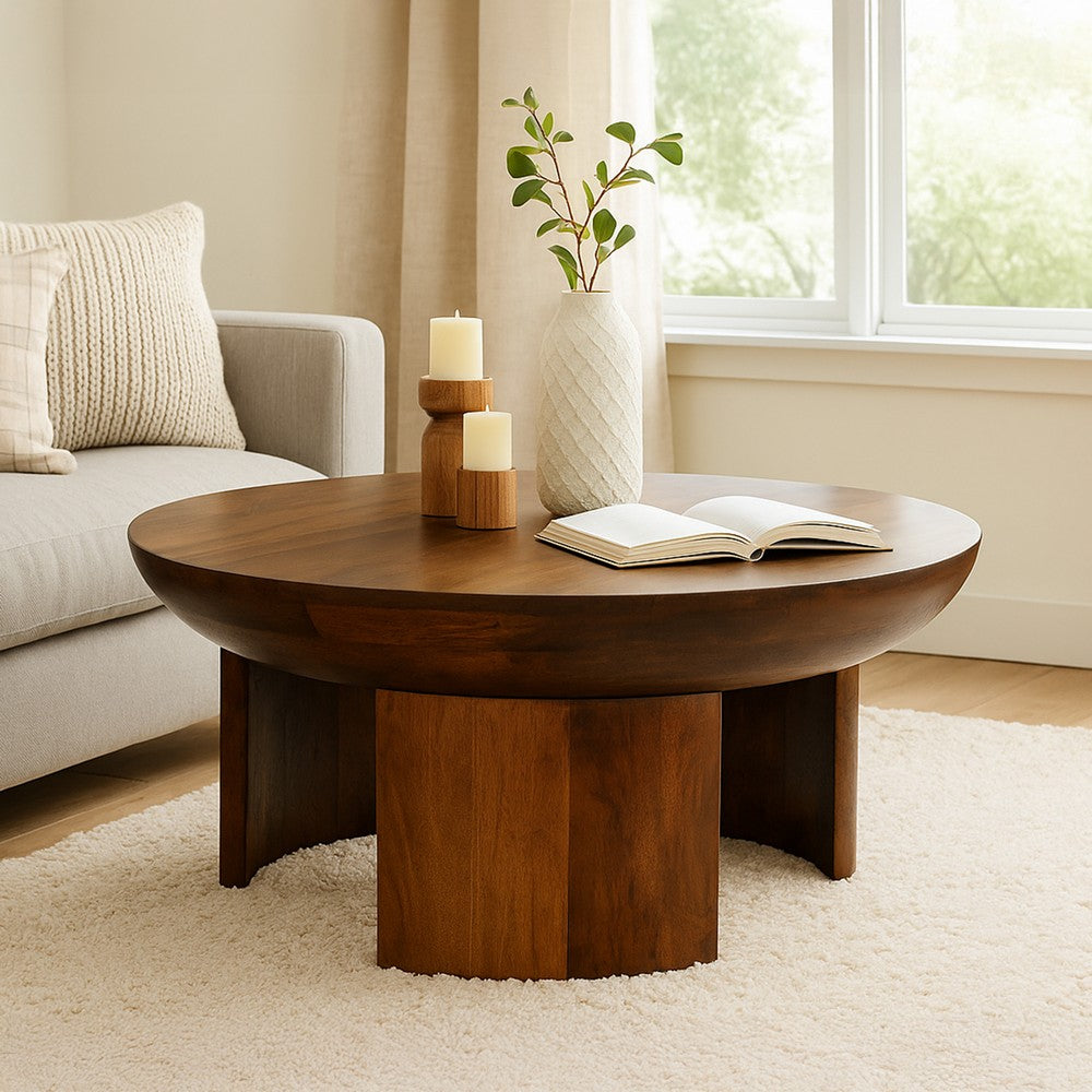 35 Inch Coffee Table, Handcrafted Round Mango Wood Top, Modern Curved Tripod Legs, Walnut Brown - UPT-299123