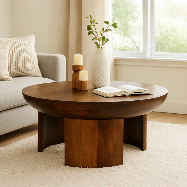 35 Inch Coffee Table, Handcrafted Round Mango Wood Top, Modern Curved Tripod Legs, Walnut Brown - UPT-299123