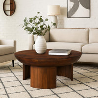 35 Inch Coffee Table, Handcrafted Round Mango Wood Top, Modern Curved Tripod Legs, Walnut Brown - UPT-299123