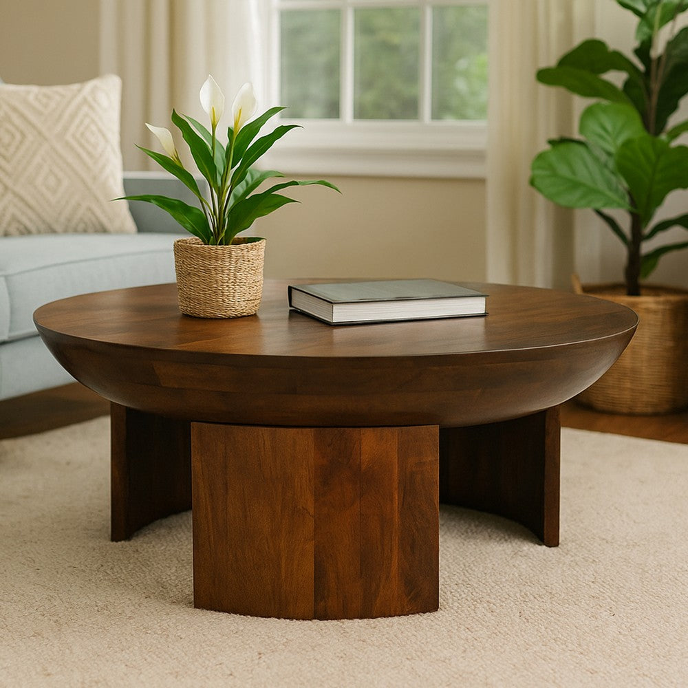 35 Inch Coffee Table, Handcrafted Round Mango Wood Top, Modern Curved Tripod Legs, Walnut Brown - UPT-299123