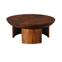 35 Inch Coffee Table, Handcrafted Round Mango Wood Top, Modern Curved Tripod Legs, Walnut Brown - UPT-299123