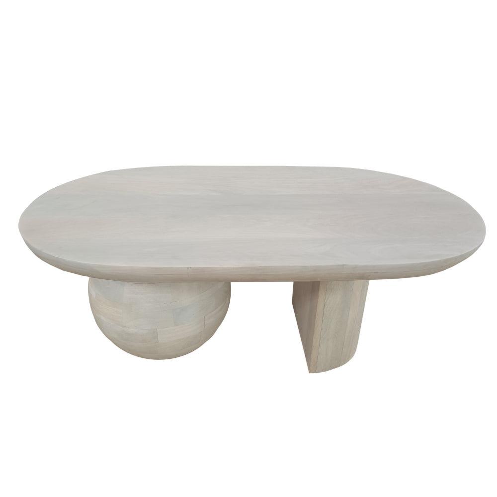 38 Inch Coffee Table, Oblong Mango Wood Top with a Modern Ball Leg, Washed White - UPT-299124