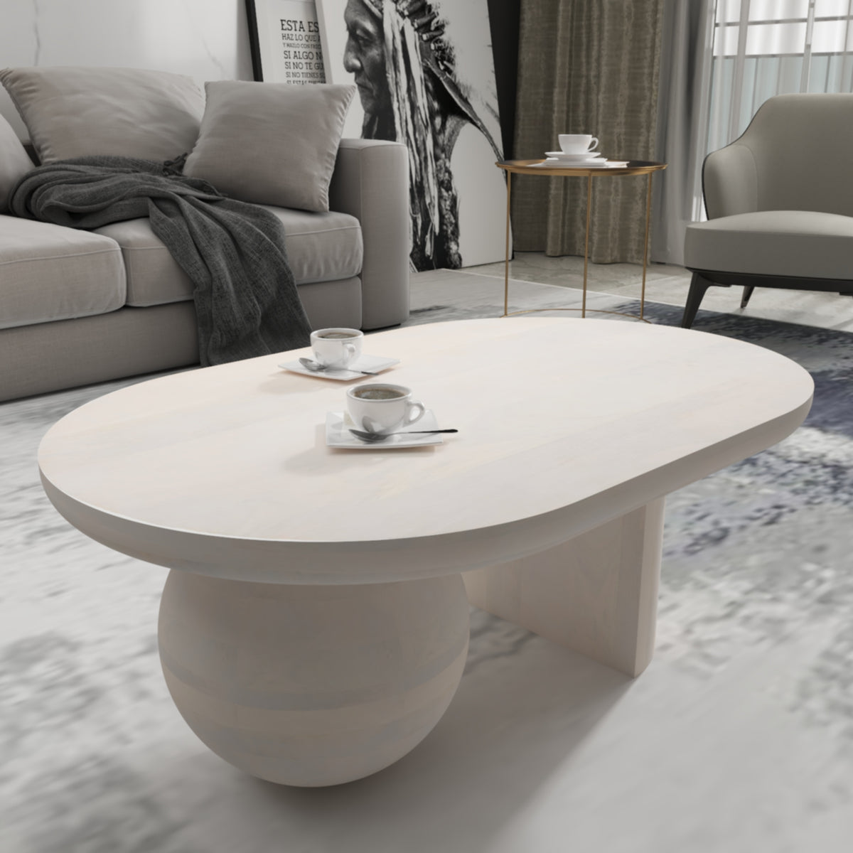 38 Inch Coffee Table, Oblong Mango Wood Top with a Modern Ball Leg, Washed White - UPT-299124