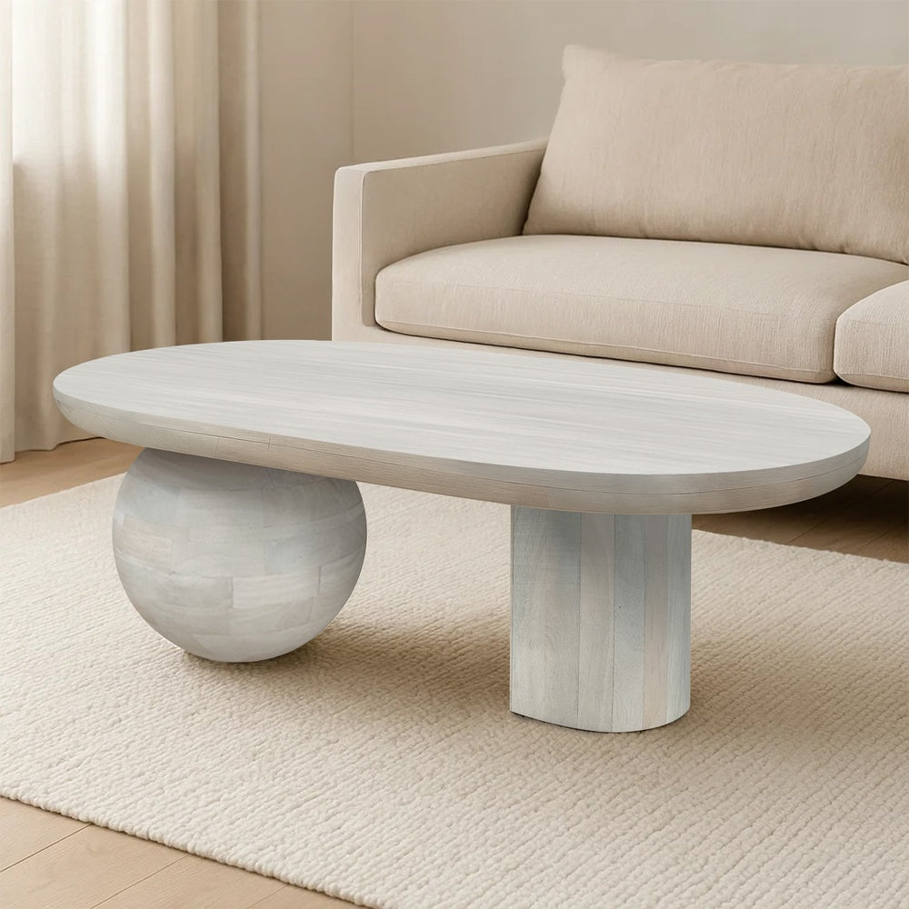 38 Inch Coffee Table, Oblong Mango Wood Top with a Modern Ball Leg, Washed White - UPT-299124