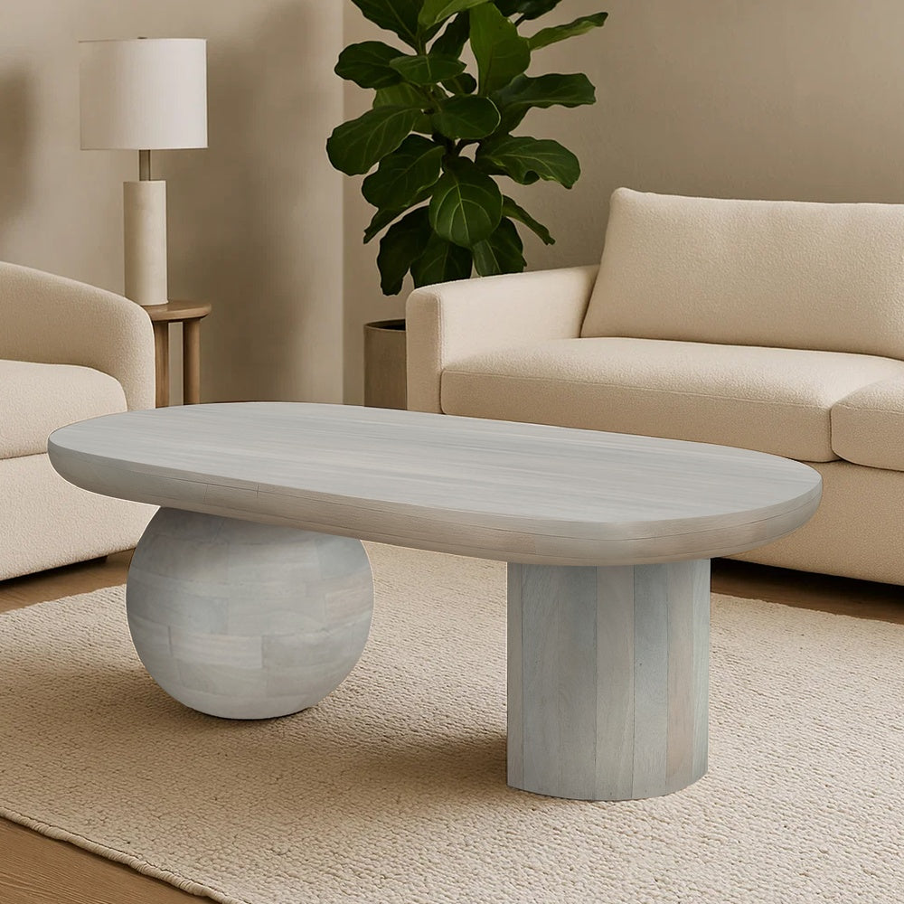 38 Inch Coffee Table, Oblong Mango Wood Top with a Modern Ball Leg, Washed White - UPT-299124