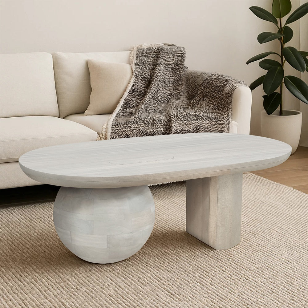 38 Inch Coffee Table, Oblong Mango Wood Top with a Modern Ball Leg, Washed White - UPT-299124