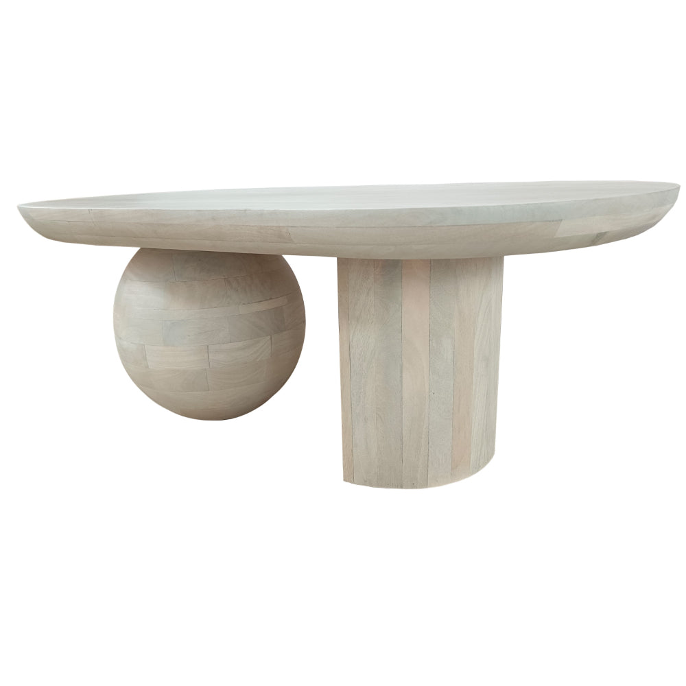 38 Inch Coffee Table, Oblong Mango Wood Top with a Modern Ball Leg, Washed White - UPT-299124