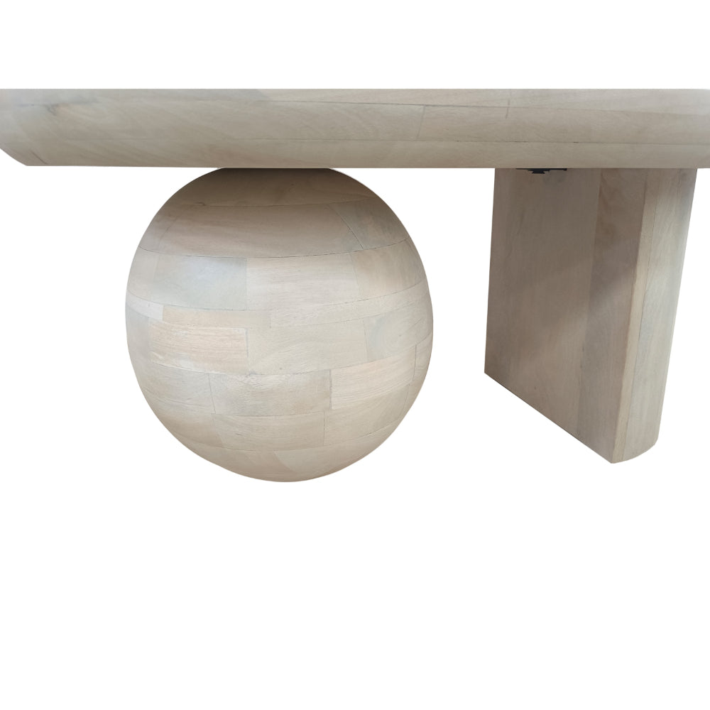 38 Inch Coffee Table, Oblong Mango Wood Top with a Modern Ball Leg, Washed White - UPT-299124