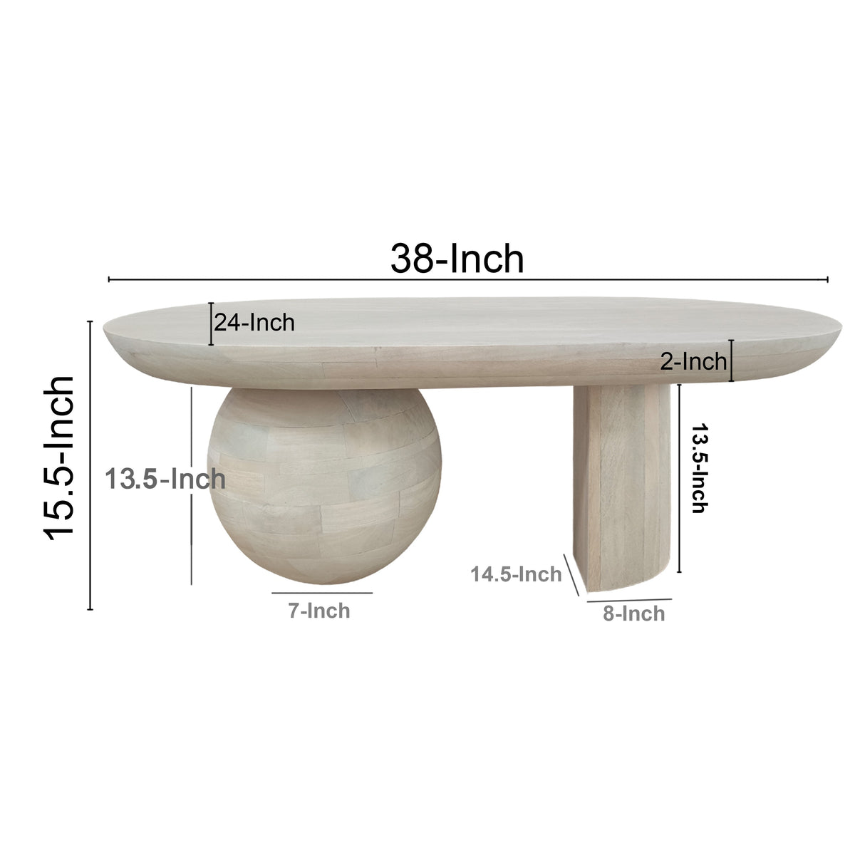 38 Inch Coffee Table, Oblong Mango Wood Top with a Modern Ball Leg, Washed White - UPT-299124