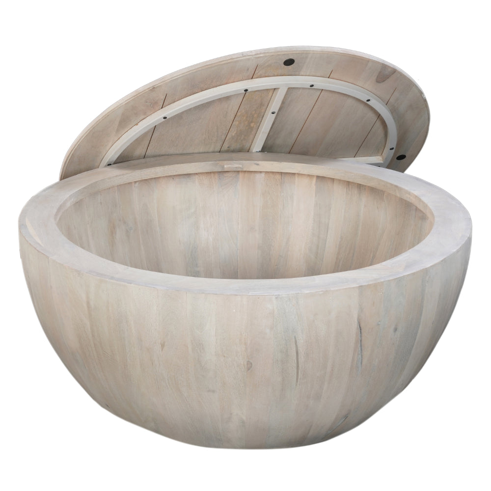 37 Inch Round Coffee Table, Handcrafted Drum Shape with Storage, Washed White Mango Wood - UPT-299715