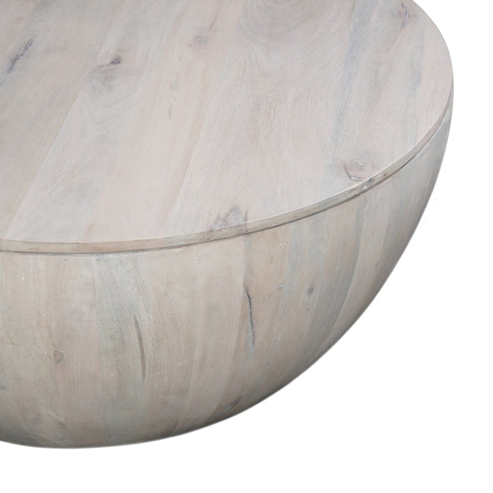 37 Inch Round Coffee Table, Handcrafted Drum Shape with Storage, Washed White Mango Wood - UPT-299715