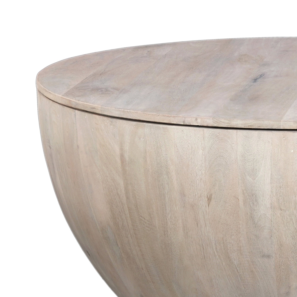 37 Inch Round Coffee Table, Handcrafted Drum Shape with Storage, Washed White Mango Wood - UPT-299715