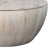 37 Inch Round Coffee Table, Handcrafted Drum Shape with Storage, Washed White Mango Wood - UPT-299715