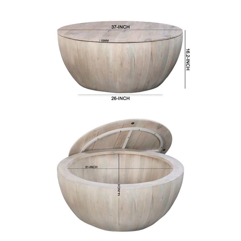 37 Inch Round Coffee Table, Handcrafted Drum Shape with Storage, Washed White Mango Wood - UPT-299715