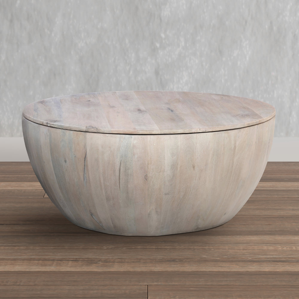 37 Inch Round Coffee Table, Handcrafted Drum Shape with Storage, Washed White Mango Wood - UPT-299715