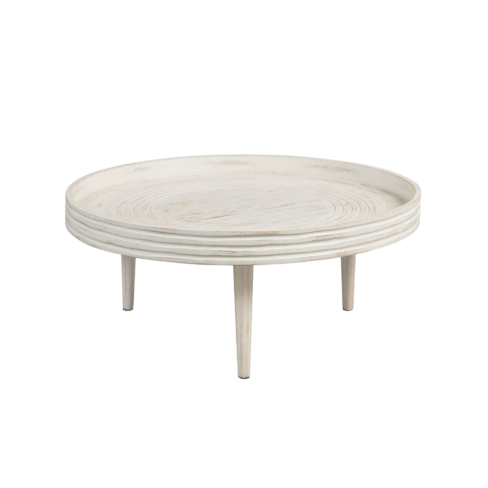 33 Inch Coffee Table, Solid Mango Wood, Handcrafted Round Grooved Raised Edge, Distressed White - UPT-299717