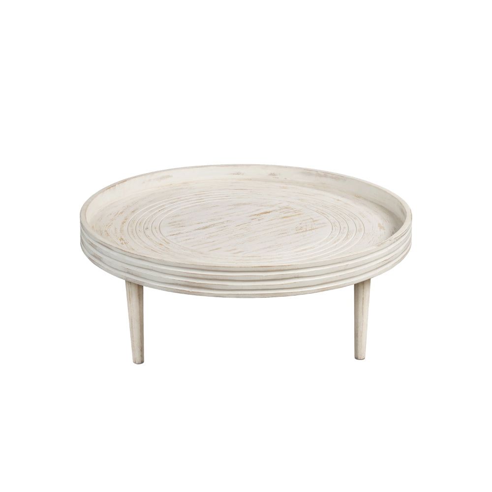 33 Inch Coffee Table, Solid Mango Wood, Handcrafted Round Grooved Raised Edge, Distressed White - UPT-299717