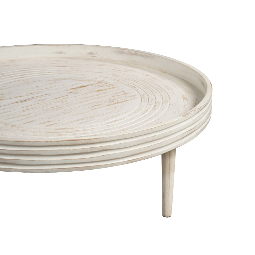 33 Inch Coffee Table, Solid Mango Wood, Handcrafted Round Grooved Raised Edge, Distressed White - UPT-299717
